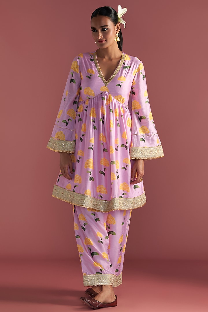 Blush Raw Silk Digital Printed Kurta Set by Masaba at Pernia's Pop Up Shop