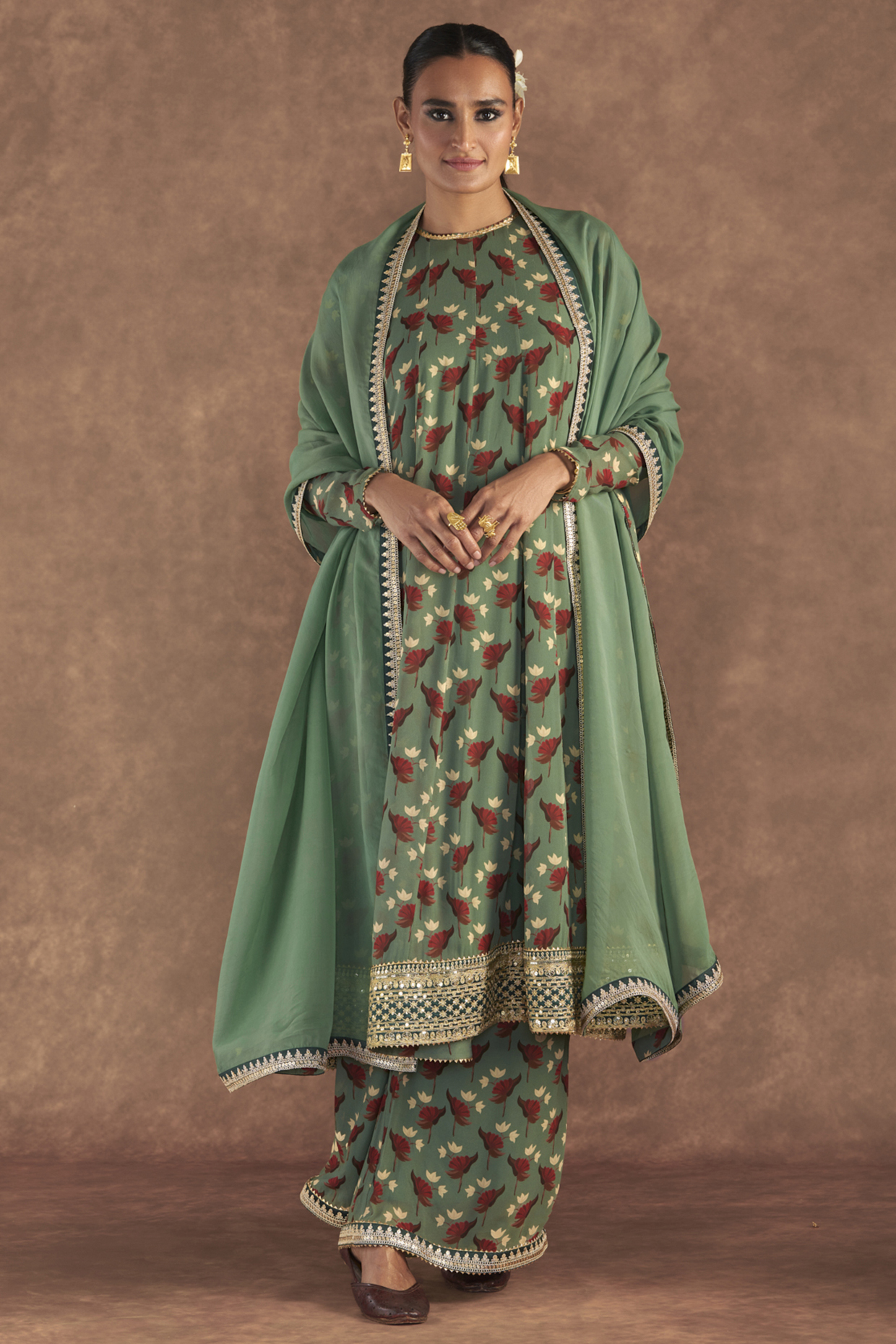 Moss Green Georgette Printed Wedding Anarkali Set by Masaba at Pernia's Pop Up Shop