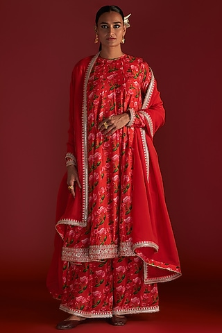 Red Raw Silk Printed Anarkali Set by Masaba