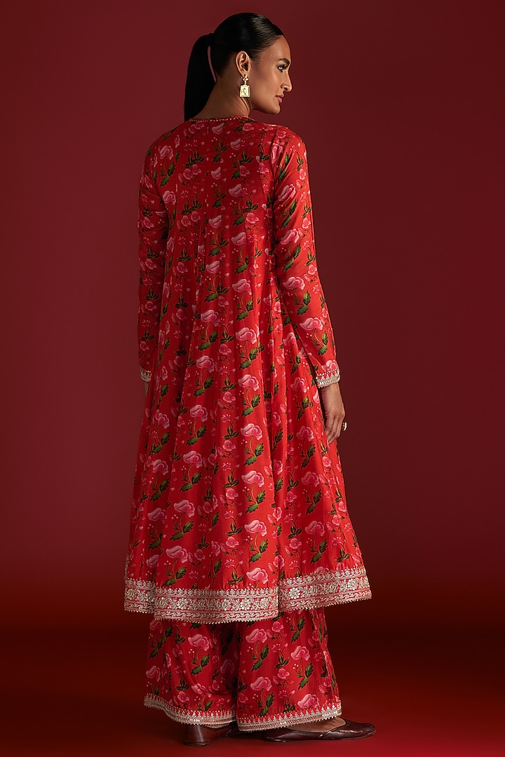 Red Raw Silk Printed Wedding Anarkali Set by Masaba at Pernia's Pop Up Shop