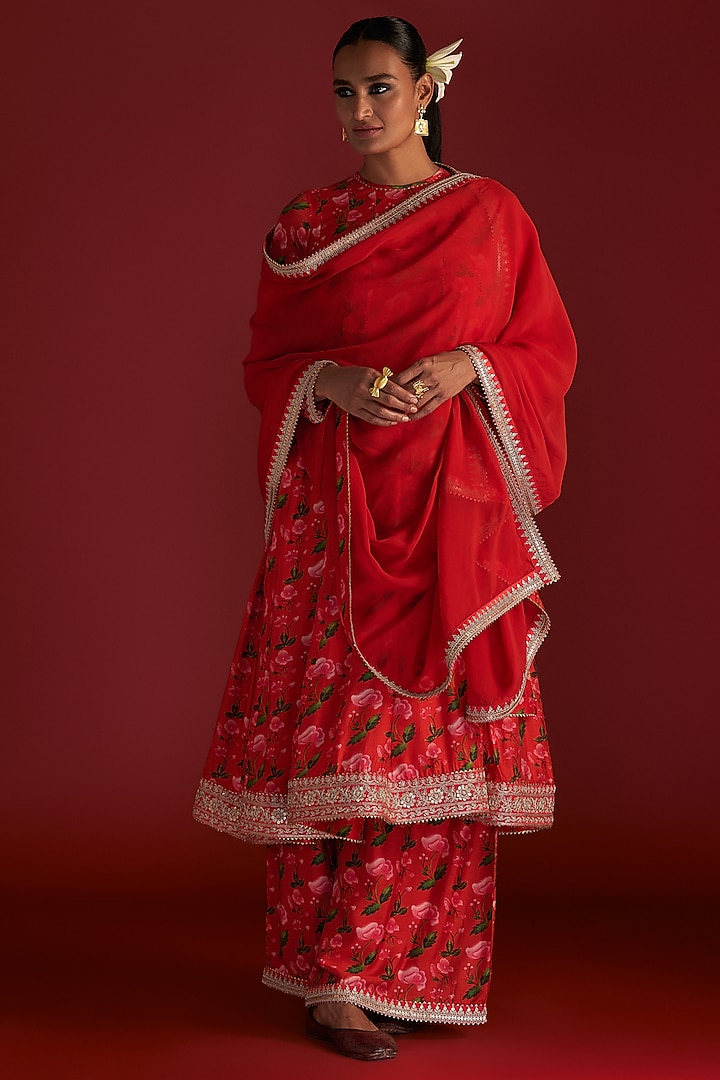 Red Raw Silk Printed Wedding Anarkali Set by Masaba at Pernia's Pop Up Shop