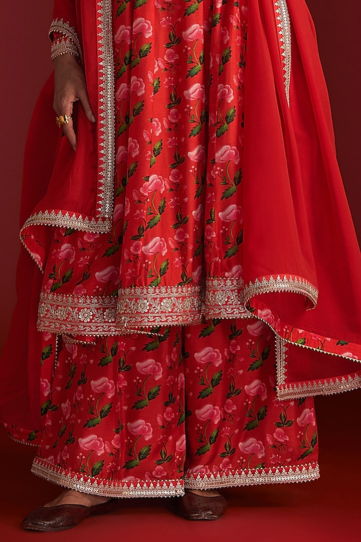 Red Raw Silk Printed Wedding Anarkali Set by Masaba at Pernia's Pop Up Shop