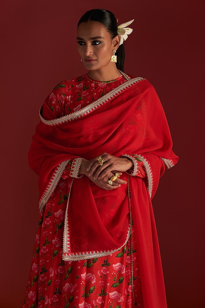 Red Raw Silk Printed Wedding Anarkali Set by Masaba at Pernia's Pop Up Shop