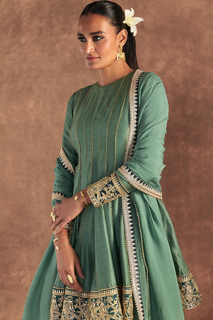 Moss Green Raw Silk Printed Wedding Sharara Set by Masaba at Pernia's Pop Up Shop