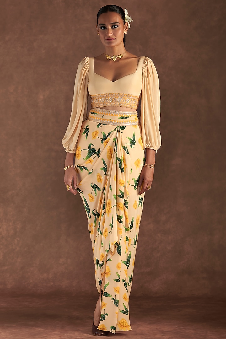 Vanilla Crepe Silk Printed Draped Skirt Set by Masaba at Pernia's Pop Up Shop