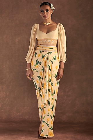 Vanilla Crepe Silk Printed Draped Skirt Set by Masaba