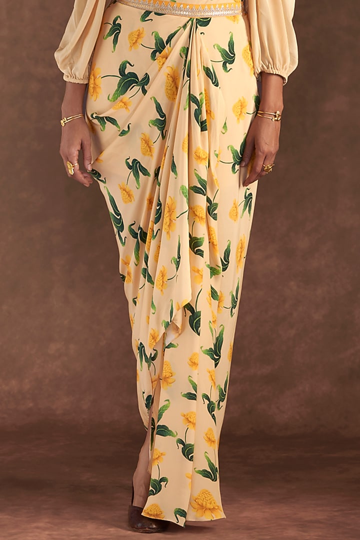 Vanilla Crepe Silk Printed Draped Skirt Set by Masaba at Pernia's Pop Up Shop