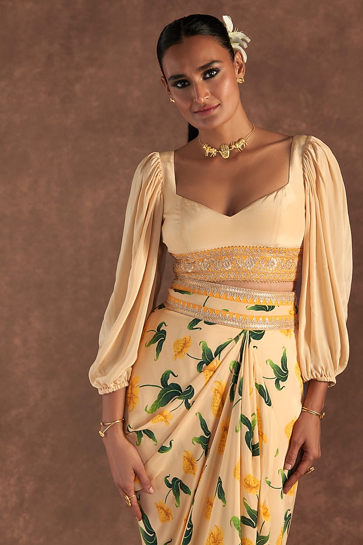 Vanilla Crepe Silk Printed Draped Skirt Set by Masaba at Pernia's Pop Up Shop