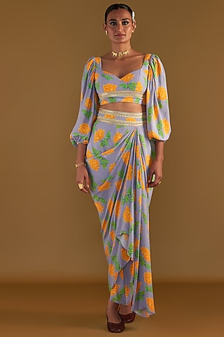 Lilac Crepe Silk Printed Draped Skirt Set by Masaba