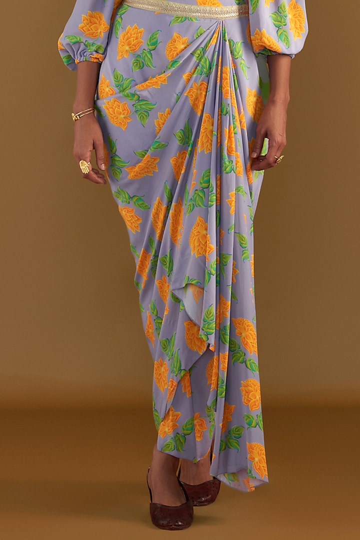 Lilac Crepe Silk Printed Draped Skirt Set by Masaba at Pernia's Pop Up Shop
