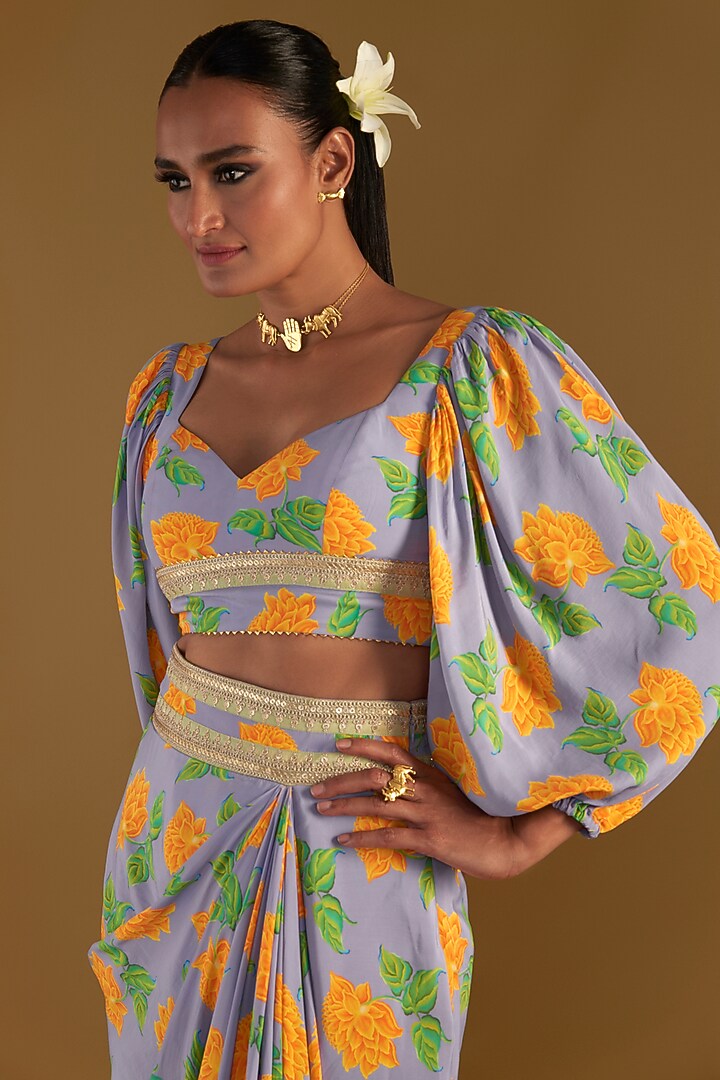 Lilac Crepe Silk Printed Draped Skirt Set by Masaba at Pernia's Pop Up Shop