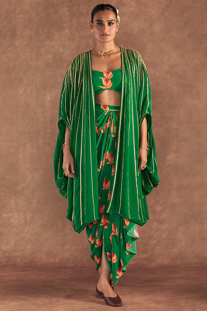 Green Crepe Silk Printed Draped Skirt Set by Masaba at Pernia's Pop Up Shop