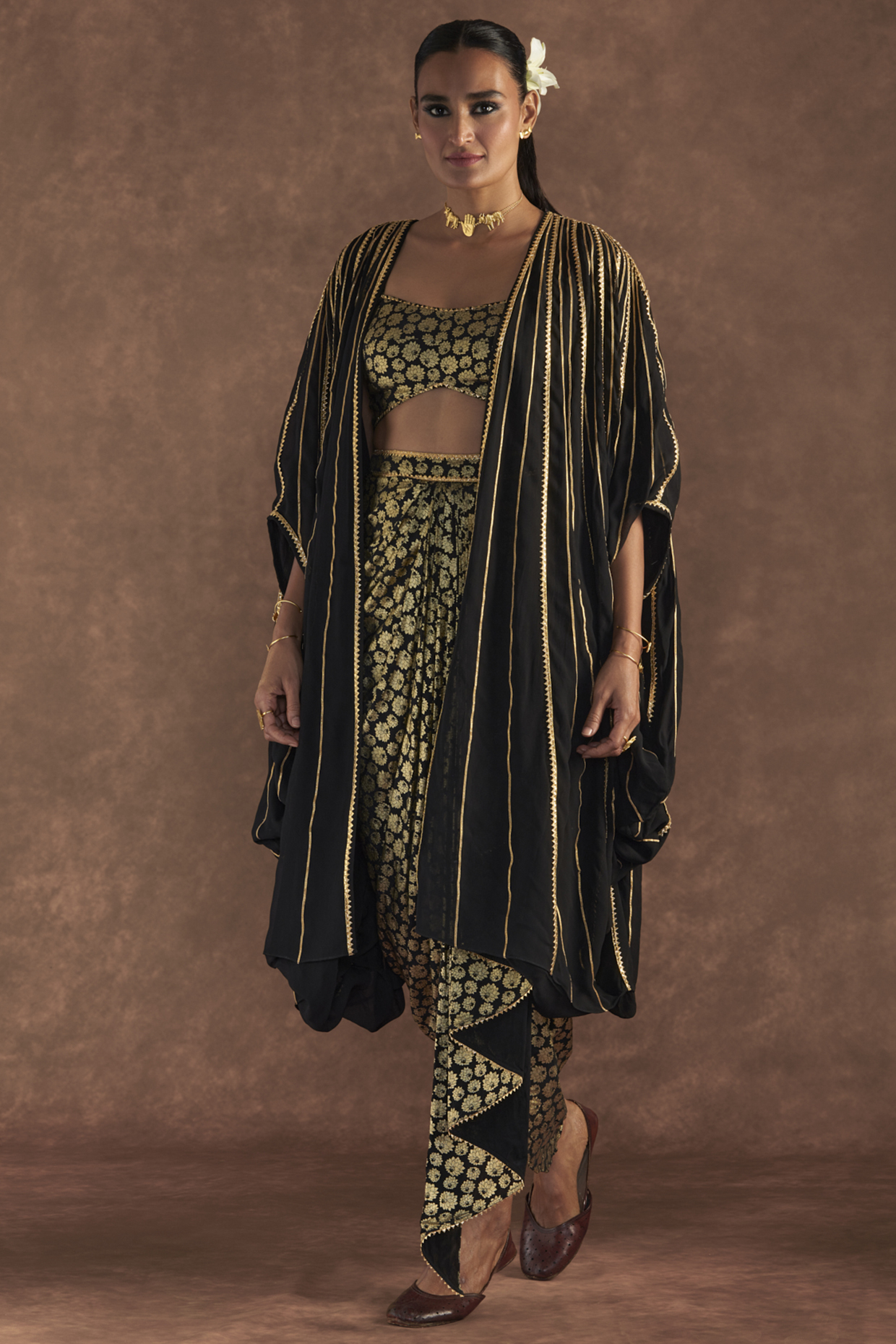 Black Crepe Silk Printed Draped Skirt Set by Masaba at Pernia's Pop Up Shop