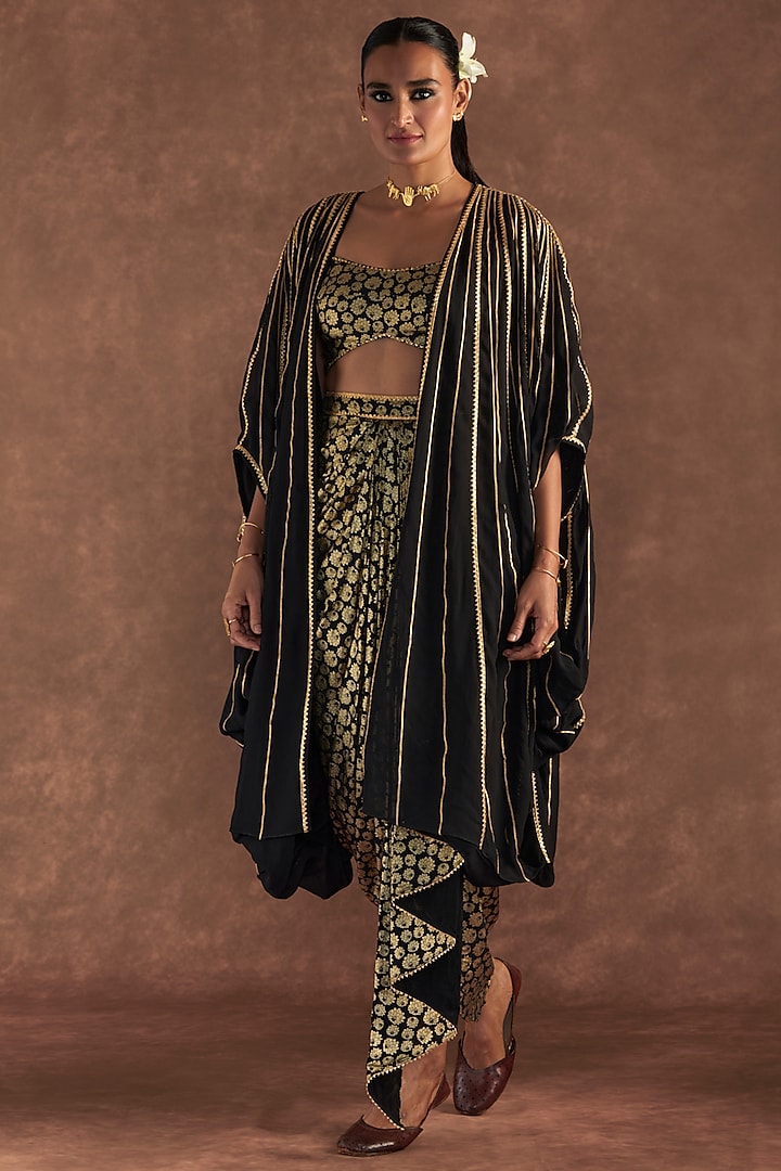 Black Crepe Silk Printed Draped Skirt Set by Masaba at Pernia's Pop Up Shop