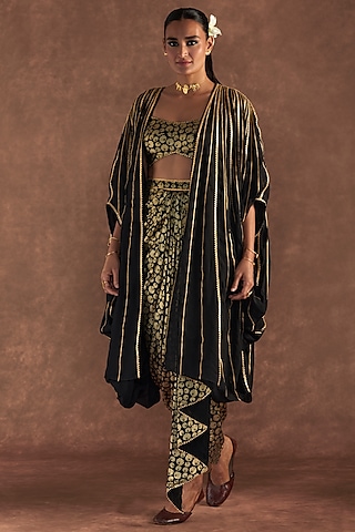 Black Crepe Silk Printed Draped Skirt Set by Masaba