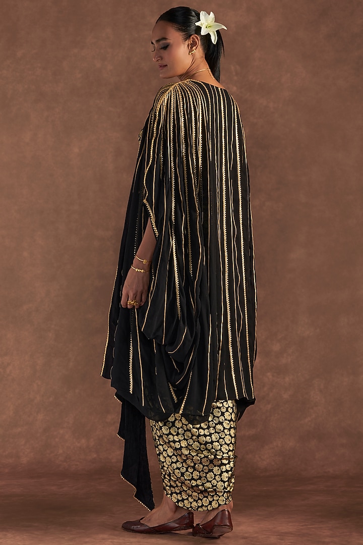 Black Crepe Silk Printed Draped Skirt Set by Masaba at Pernia's Pop Up Shop