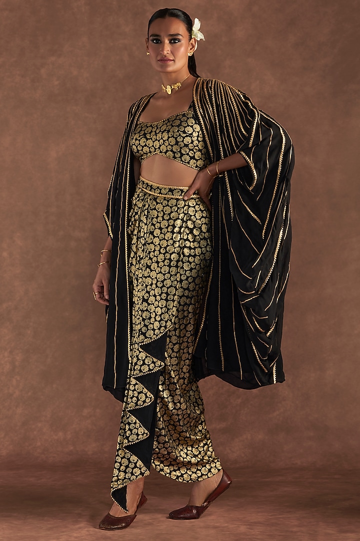 Black Crepe Silk Printed Draped Skirt Set by Masaba at Pernia's Pop Up Shop