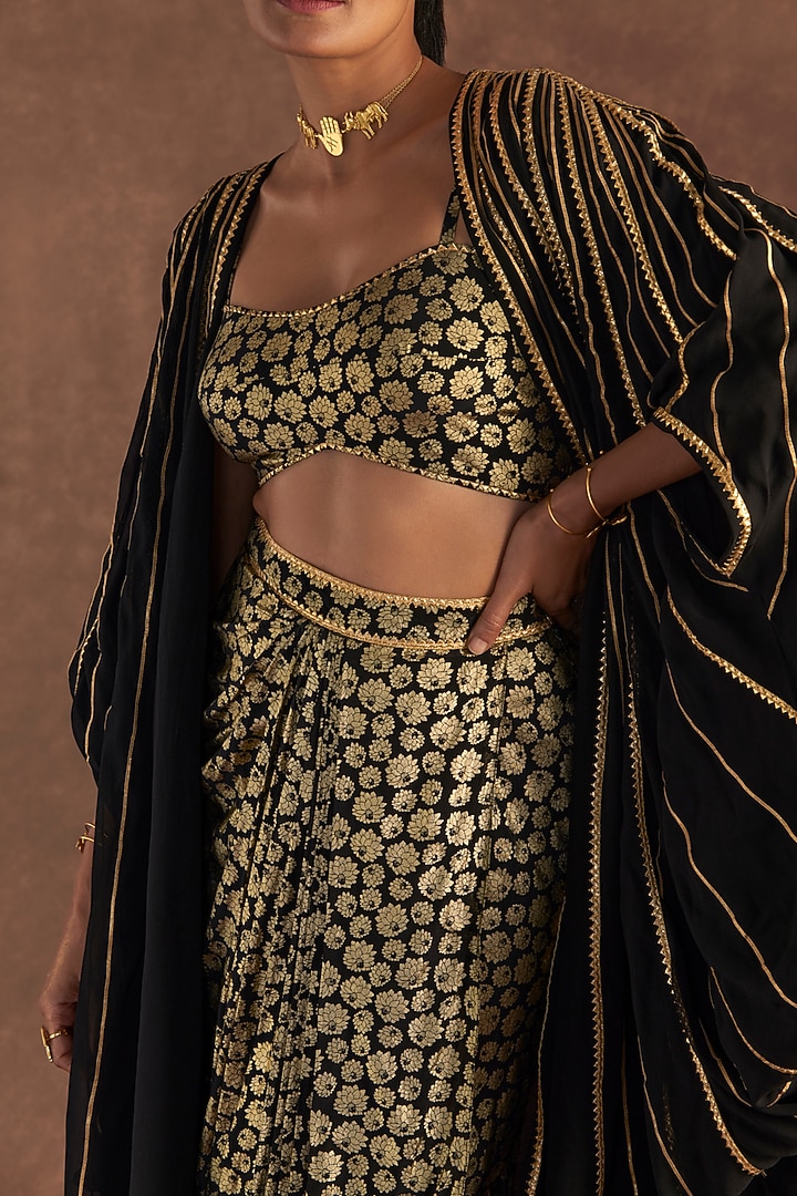 Black Crepe Silk Printed Draped Skirt Set by Masaba at Pernia's Pop Up Shop