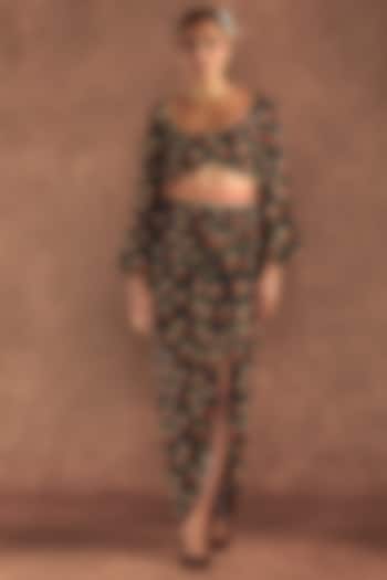 Black Crepe Silk Printed Draped Skirt Set by Masaba at Pernia's Pop Up Shop