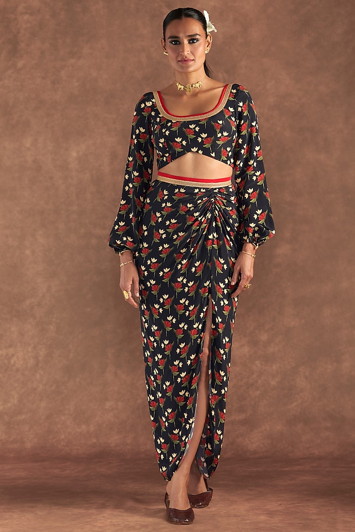 Black Crepe Silk Printed Draped Skirt Set by Masaba at Pernia's Pop Up Shop