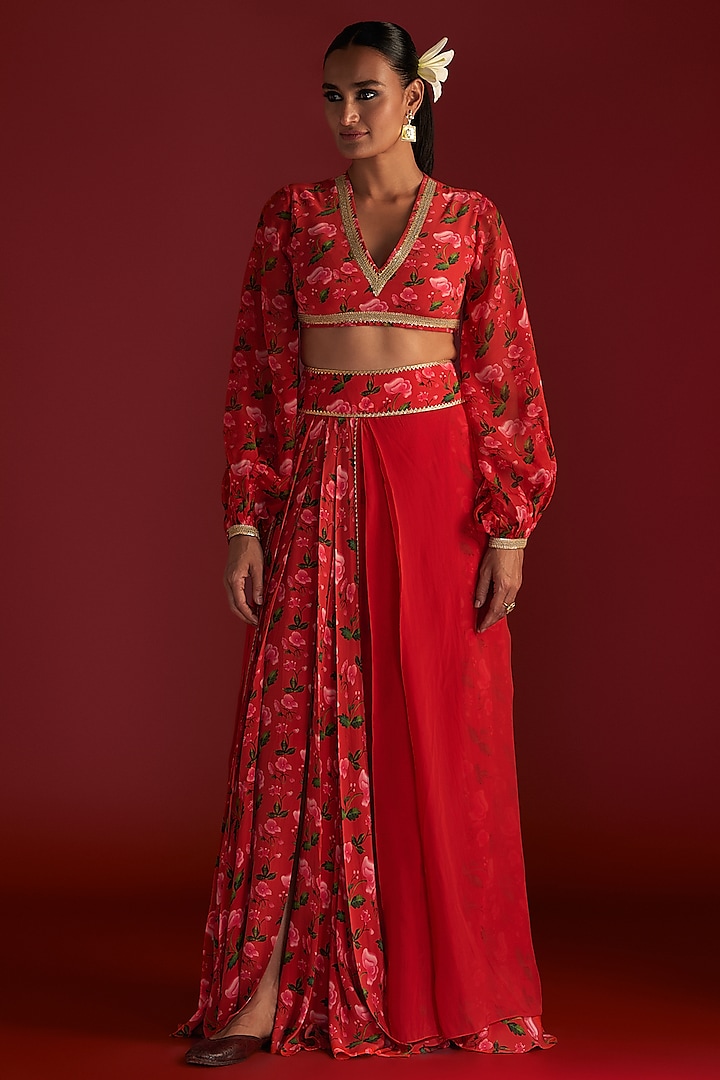 Red Crepe Silk & Organza Printed Skirt Set by Masaba at Pernia's Pop Up Shop