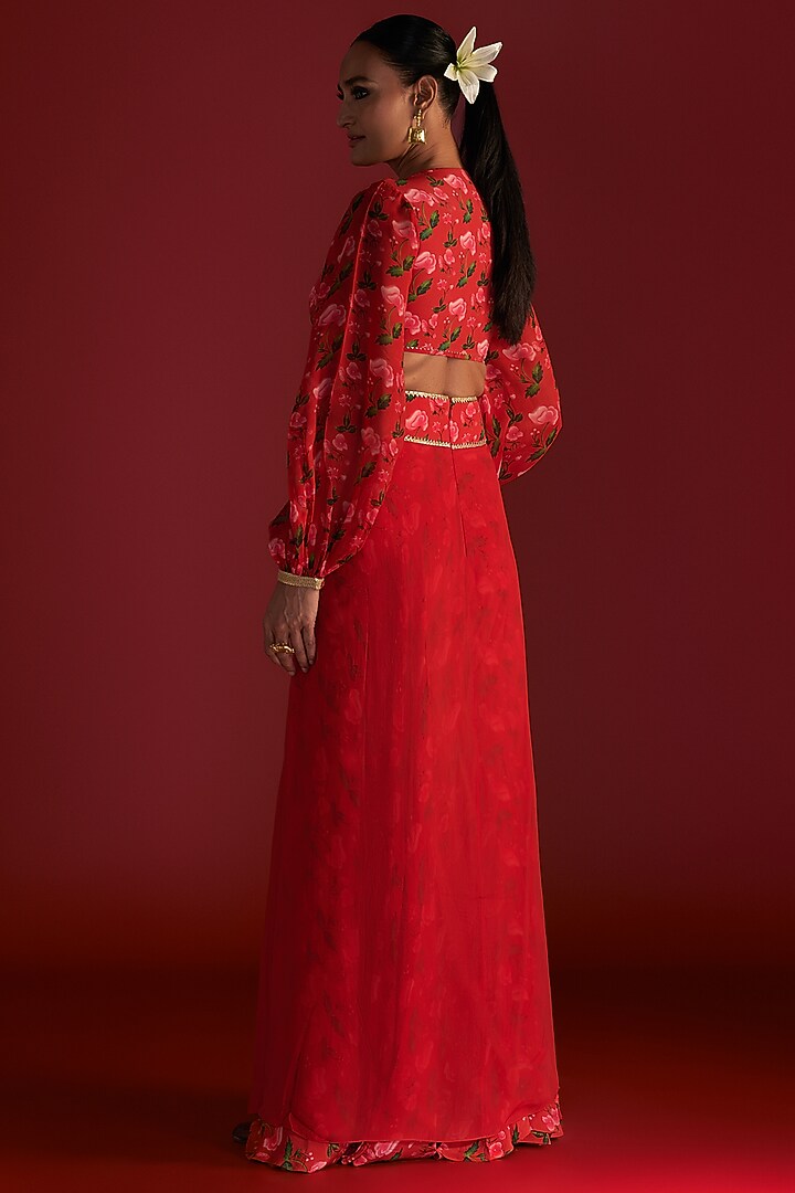 Red Crepe Silk & Organza Printed Skirt Set by Masaba at Pernia's Pop Up Shop