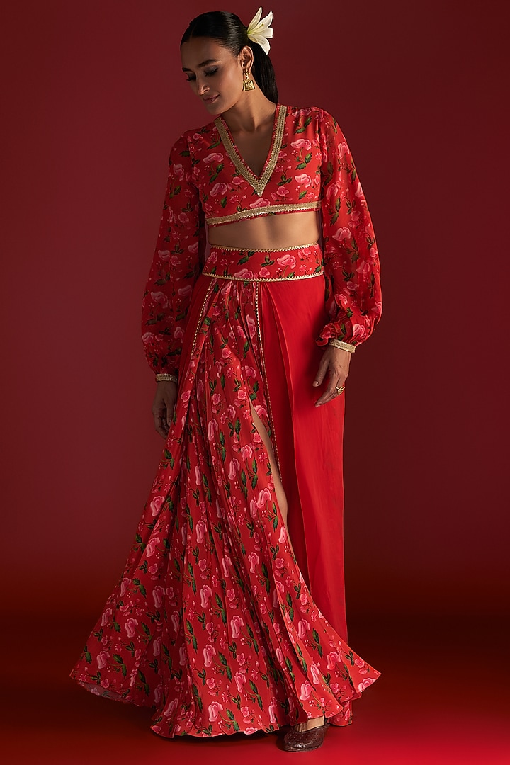 Red Crepe Silk & Organza Printed Skirt Set by Masaba at Pernia's Pop Up Shop