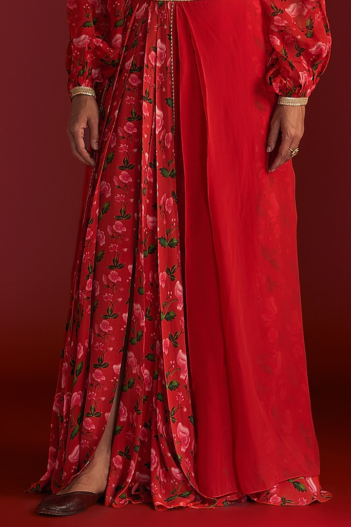 Red Crepe Silk & Organza Printed Skirt Set by Masaba at Pernia's Pop Up Shop