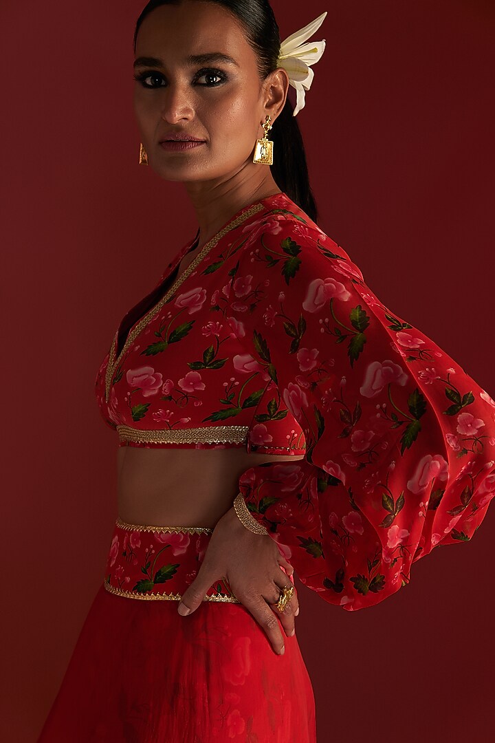 Red Crepe Silk & Organza Printed Skirt Set by Masaba at Pernia's Pop Up Shop