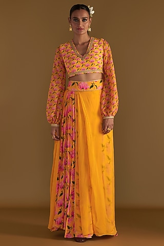 Sunshine Yellow Crepe Silk & Organza Printed&nbsp;Skirt&nbsp;Set by Masaba