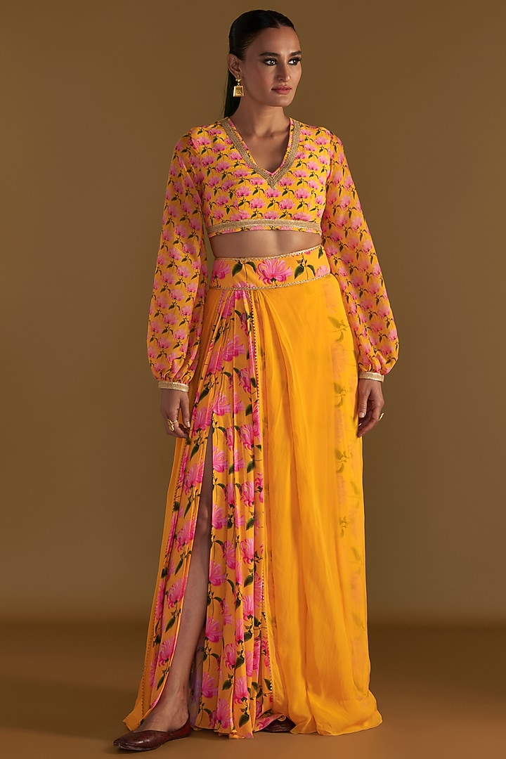 Sunshine Yellow Crepe Silk & Organza Printed Skirt Set by Masaba at Pernia's Pop Up Shop