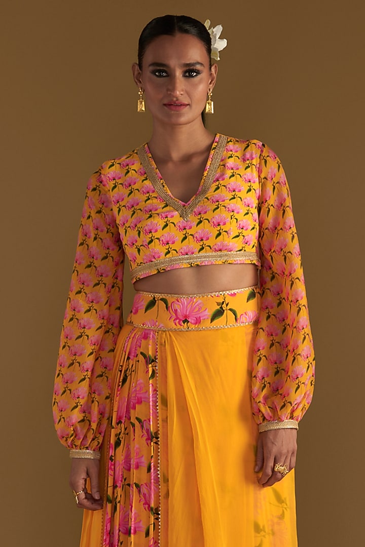 Sunshine Yellow Crepe Silk & Organza Printed Skirt Set by Masaba at Pernia's Pop Up Shop
