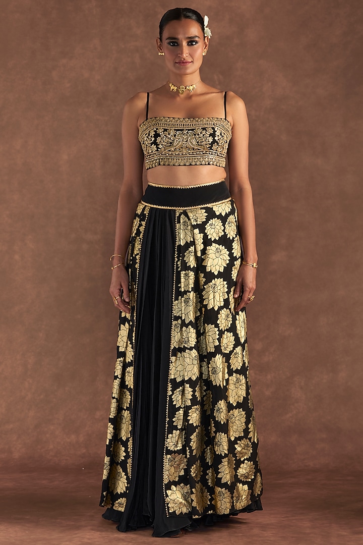 Black Crepe Silk & Organza Foil Printed Skirt Set by Masaba at Pernia's Pop Up Shop