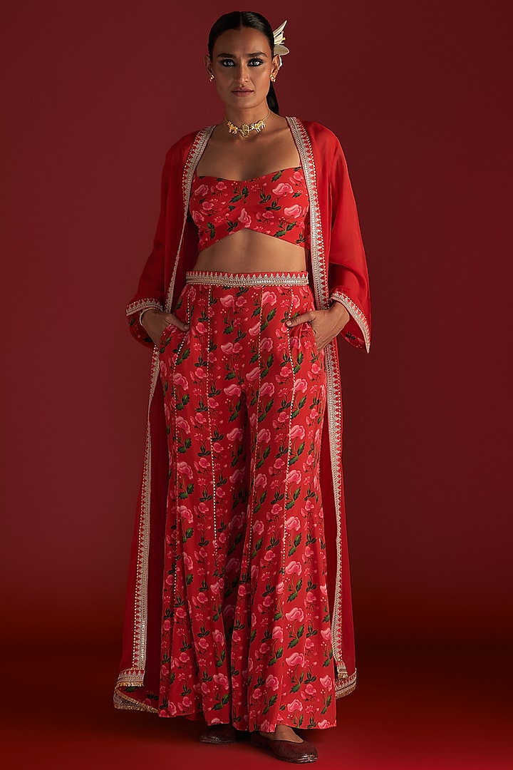 Red Organza Embellished Cape Set by Masaba