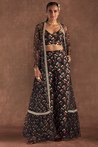 Black Tulle Embellished Cape Set by Masaba