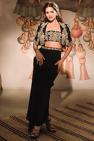 Black Moss Crepe Gold Embroidered Jacket Set by Masaba