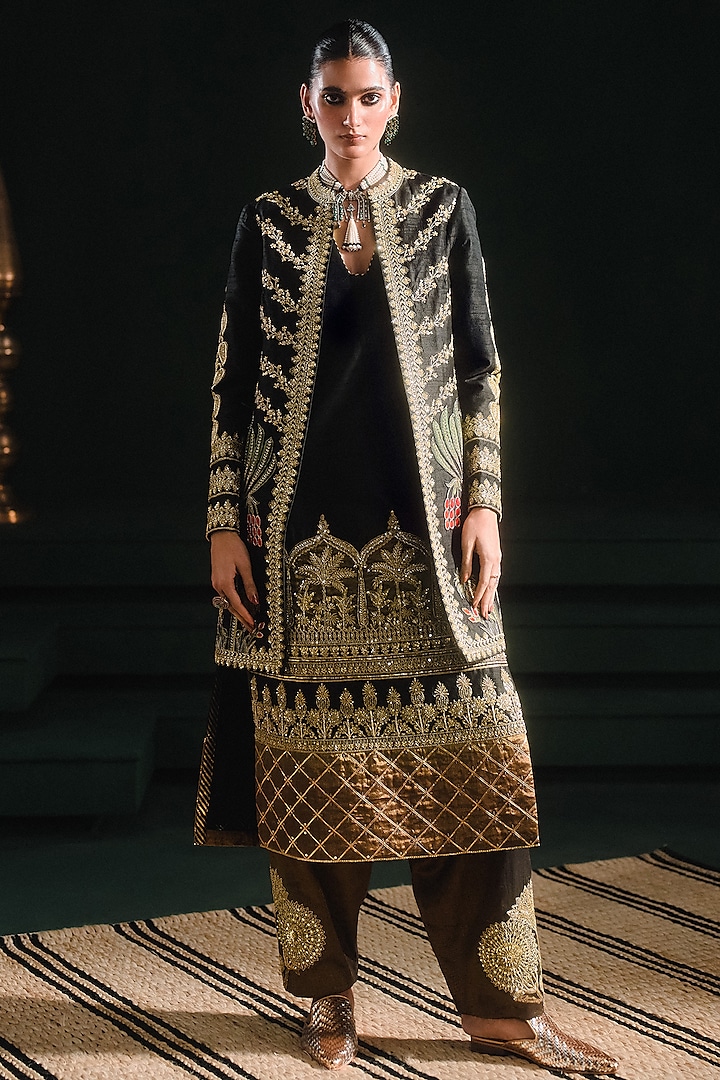 Black Heavy Raw Silk Jaal Embroidered Jacket Set by Masaba at Pernia's Pop Up Shop