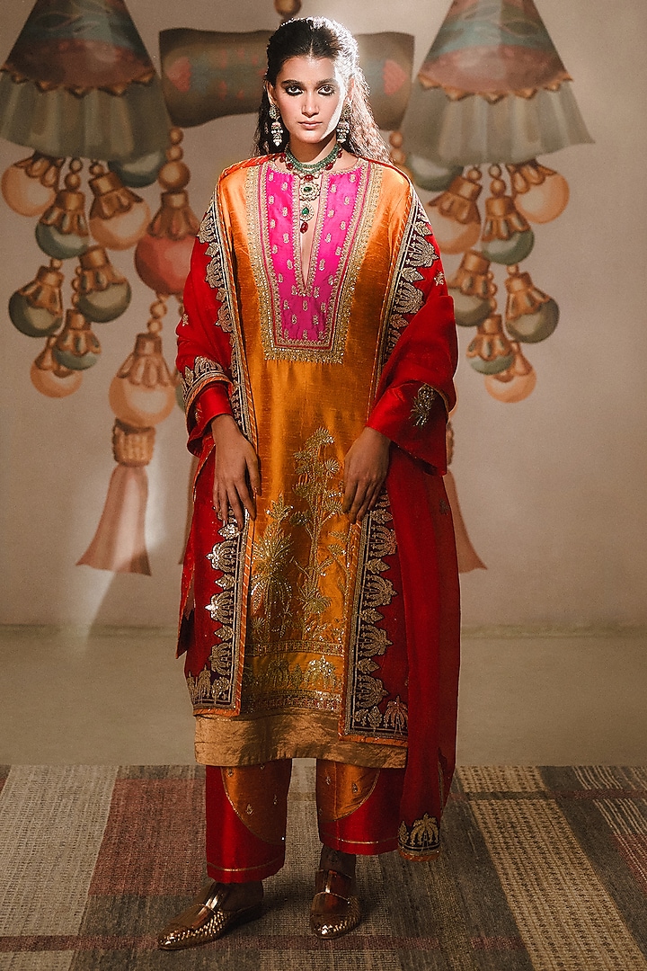 Orange Heavy Raw Silk Gold Embroidered Kurta Set by Masaba