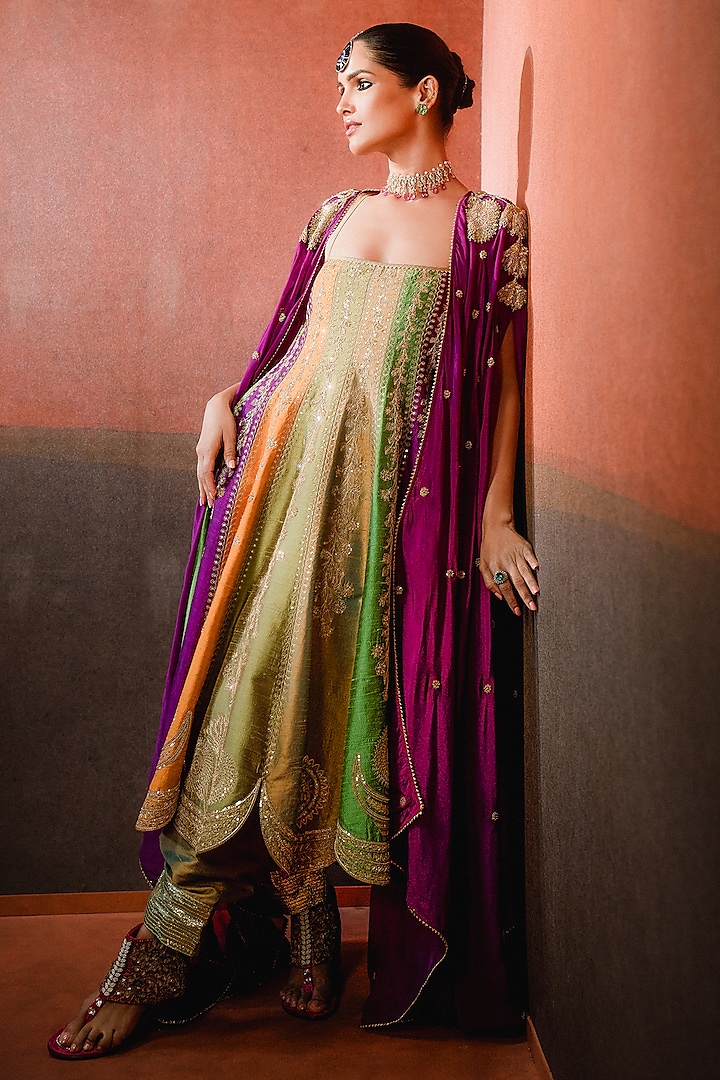 Multi-Colored Heavy Raw Silk Anarkali Set by Masaba at Pernia's Pop Up Shop