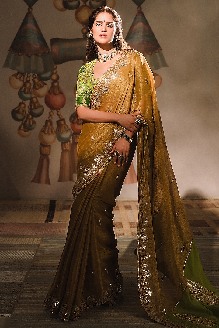 Gold Georgette Tissue Patchwork Saree Set by Masaba