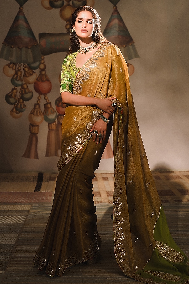 Gold Georgette Tissue Patchwork Saree Set by Masaba