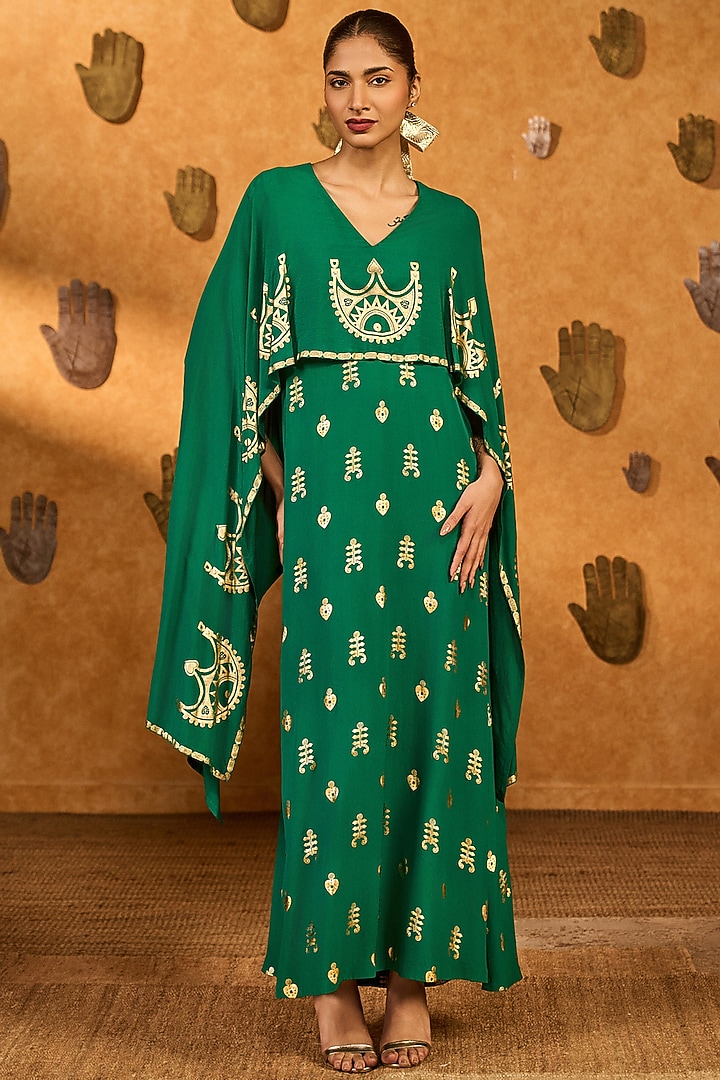 Green Crepe Lunar Crown Foil Printed Kaftan by Masaba at Pernia's Pop Up Shop