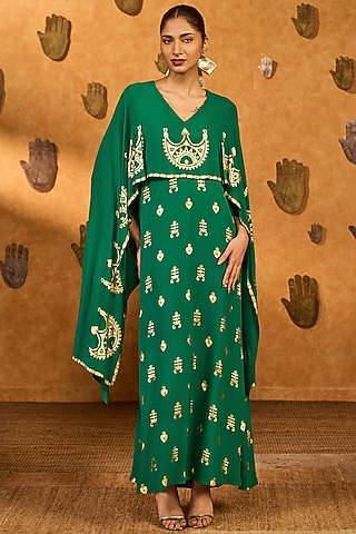 Green Crepe Lunar Crown Foil Printed Kaftan by Masaba