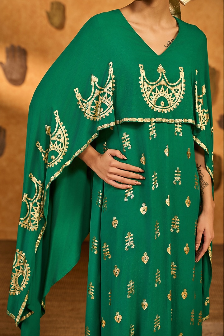 Green Crepe Lunar Crown Foil Printed Kaftan by Masaba at Pernia's Pop Up Shop