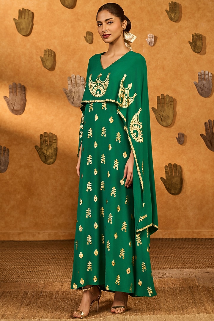 Green Crepe Lunar Crown Foil Printed Kaftan by Masaba at Pernia's Pop Up Shop