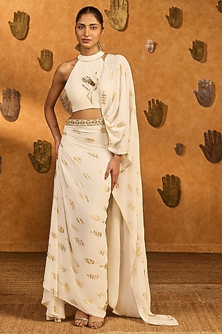 Ivory Crepe Silk Foil Printed Pre-Stitched Saree Set by Masaba