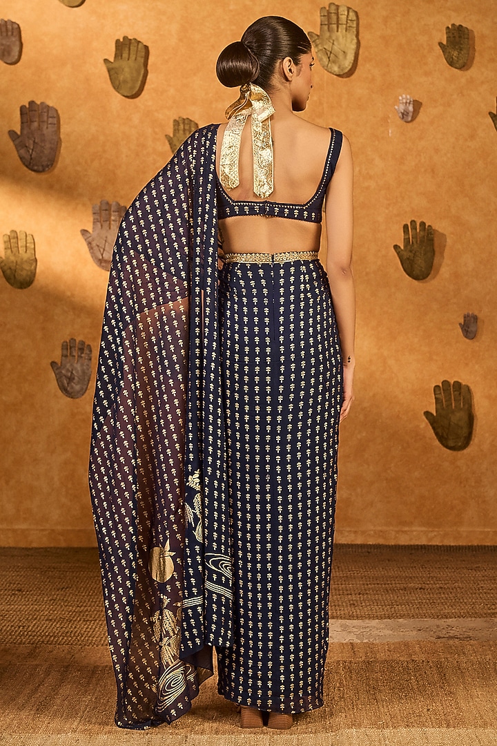 Navy Blue Georgette Foil Printed Pre-Stitched Wedding Saree Set by Masaba at Pernia's Pop Up Shop