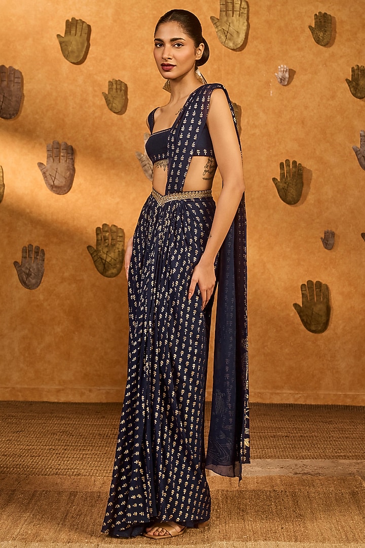 Navy Blue Georgette Foil Printed Pre-Stitched Wedding Saree Set by Masaba at Pernia's Pop Up Shop