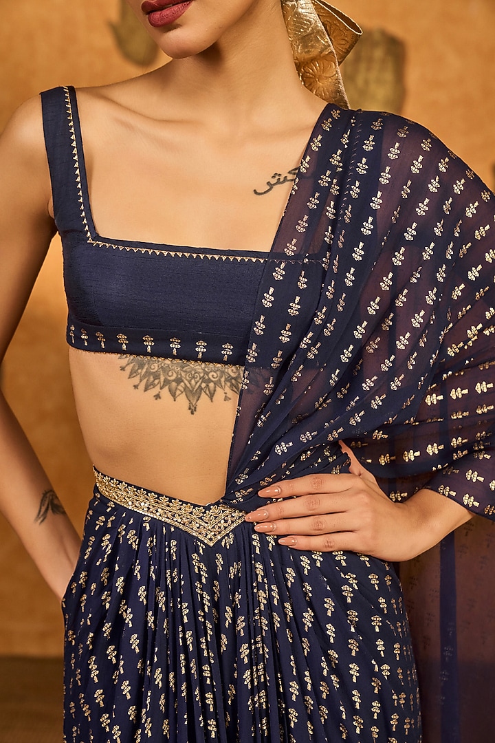 Navy Blue Georgette Foil Printed Pre-Stitched Wedding Saree Set by Masaba at Pernia's Pop Up Shop