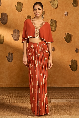 Rust Crepe Silk Printed Draped Skirt Set by Masaba